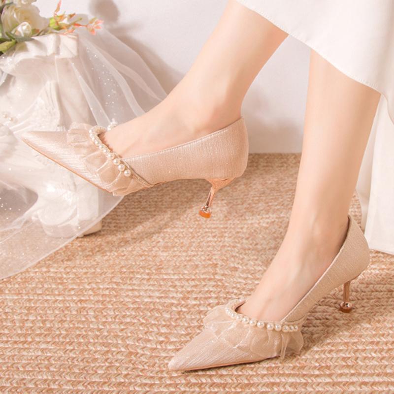 Модные туфли на свадьбу с жемчужным кружевом для женщин 2024 года, осенние туфли-лодочки с острым носком, женские элегантные туфли на шпильках с блестками