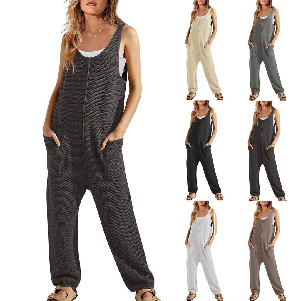 2024 Spring/Summer Women's Sleeveless U-Neck Loose Jumpsuit with Double Pockets
