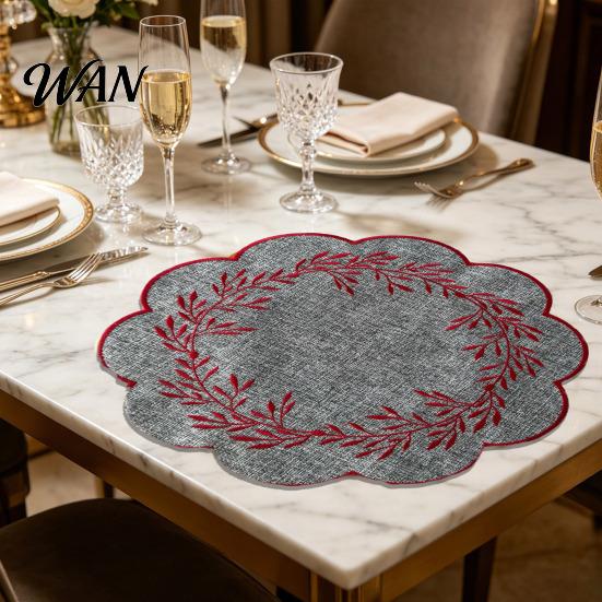 Elegant Table Decor Placemat 14.96'' with Wavy Lace Embroidered Design Dining Mat Insulated Heat Insulation Non-Slip Oil-Resistant Easy Clean