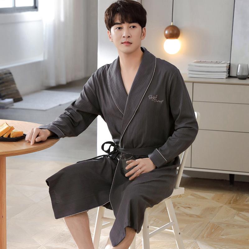 Men'S Nightgown Spring And Autumn Long-Sleeved Pure Cotton Long Bathrobe Pajamas Cotton Integrated Thin Large-Size Bathrobe Dressing Gown