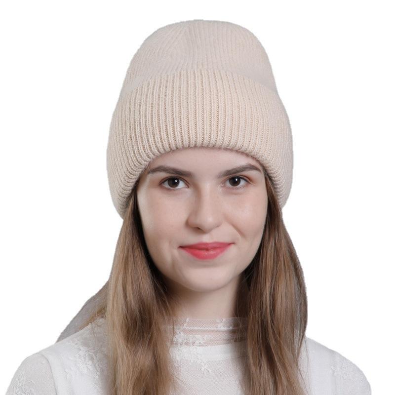 Women Autumn Winter Versatile Rabbit Hair Warm Knitted Wool Solid Color Pullover Hat