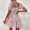 Summer Women's Dress Floral Skirt High-waisted Puffy Sleeve Dress
