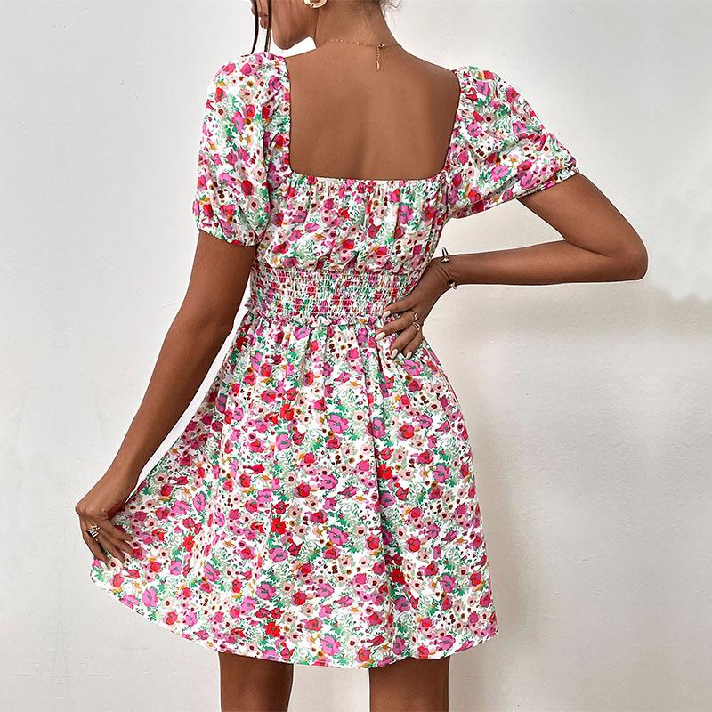Summer Women's Dress Floral Skirt High-waisted Puffy Sleeve Dress