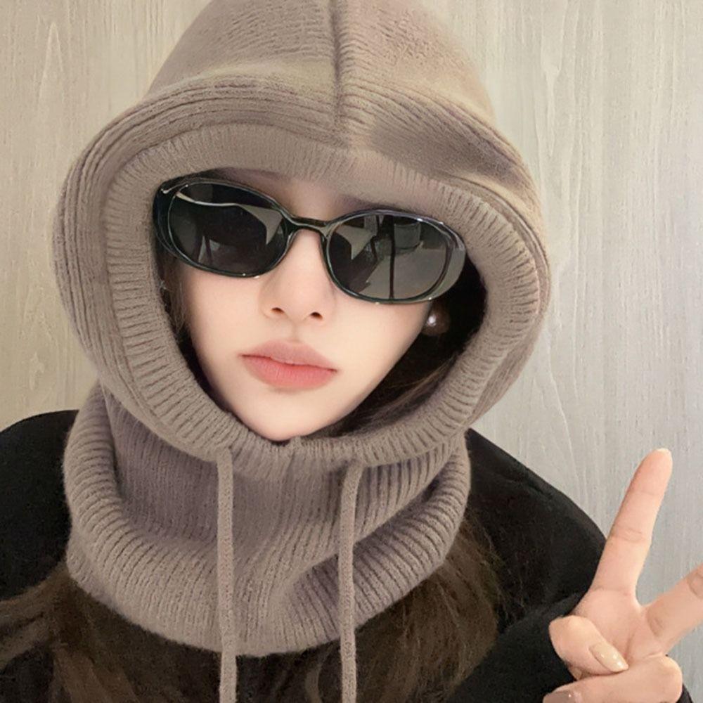 Ветрозащитная вязаная шапка с капюшоном, однотонная шапка-бини с воротником, кавайная шапка-балаклава для девочек