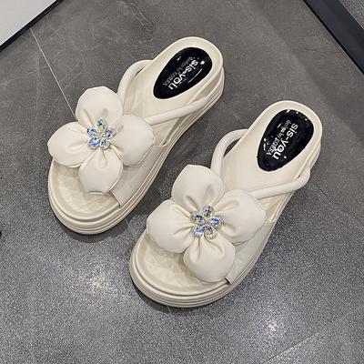 Модные женские тапочки на толстой подошве с цветочным принтом и стразами, новые сандалии-шлепанцы на мягкой подошве летом