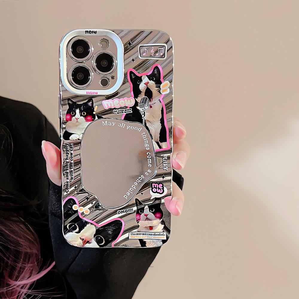 Fun Little Black Cat Suitable for IPhone 15 Mobile Phone Case Apple 13 Electroplated Silver 14 Promax Mirror 16 Hard Shell 11