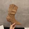 Модные винтажные женские ковбойские сапоги до середины икры на толстом каблуке с острым носком, осенне-зимние элегантные ботильоны-слипоны