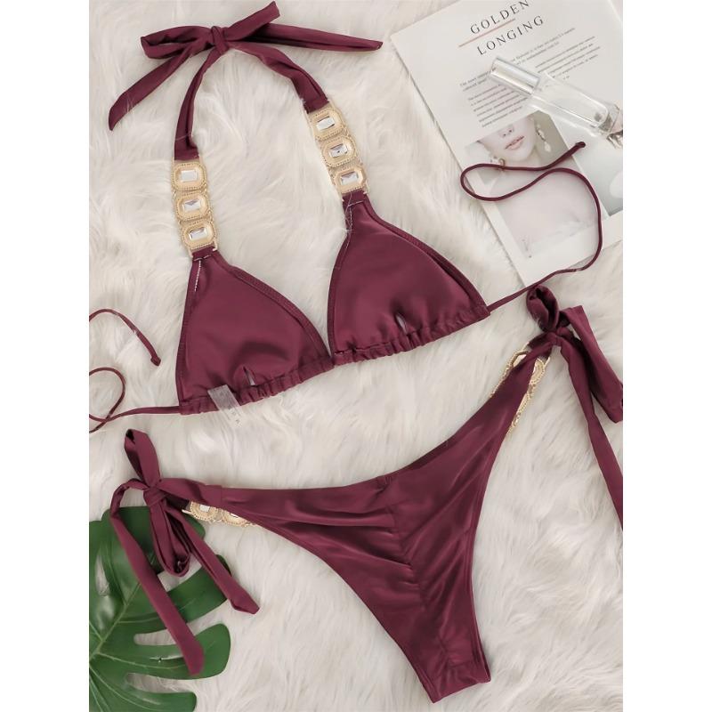 Сексуальный комплект бикини со стразами Женский 2025 Роскошный розовый с кристаллами и бриллиантами Пуш-ап Бандажный купальник стринги Пляжный купальник Купальник