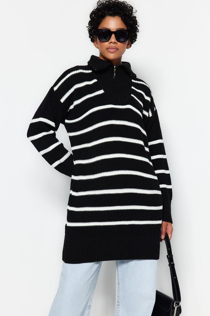 Женский модный стильный хиджаб-свитер, черный, в полоску, с воротником, на молнии, вязаный свитер