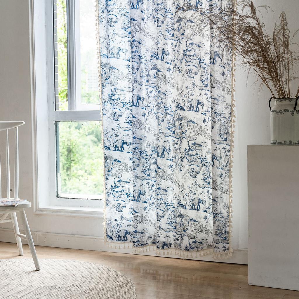 Curtain Finished Half Curtain B & B Tea Room Bedroom Balcony Dining Room Short Curtain Printed Plant Tassel Coffee Curtain