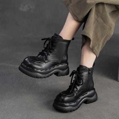 Ботильоны из натуральной кожи на толстой подошве в стиле ретро с круглым носком и боковой молнией для женщин