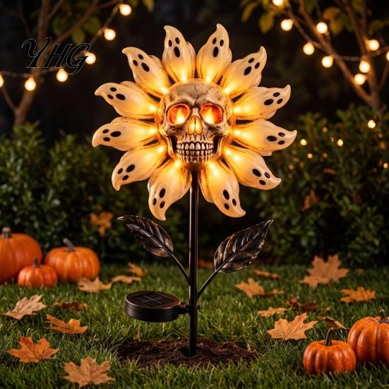 Outdoor Decorative Garden Stakes for Yard Solar Powered Skull Sunflower Light, Waterproof Stake Weather Resistant Porch Decor Halloween Lawn