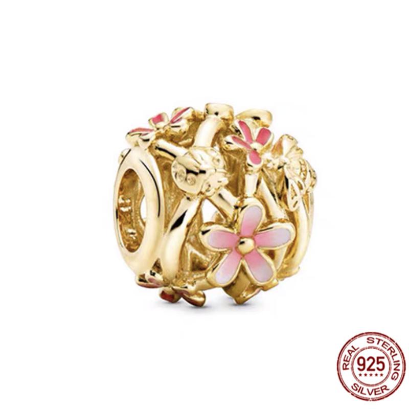Gold Plated S925 Sterling Silver Hollow Heart Daisy Flower Charm Bead Fit Original Bracelet Necklace Jewelry For Women