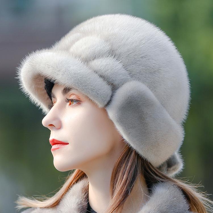Mink Hat Women's Winter Thickened Warm Mink Hair Whole Mink for Middle and Elderly Mothers Versatile Duck Tongue Fur Hat