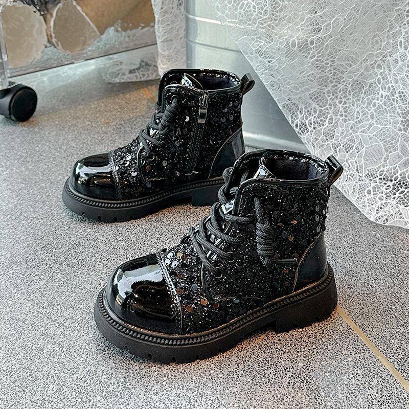 Детские ботинки для девочек Блестящие пайетки Повседневные Для малышей Кожаные ботинки Модные Новые Универсальные Детские ботильоны Пэчворк Круглый носок
