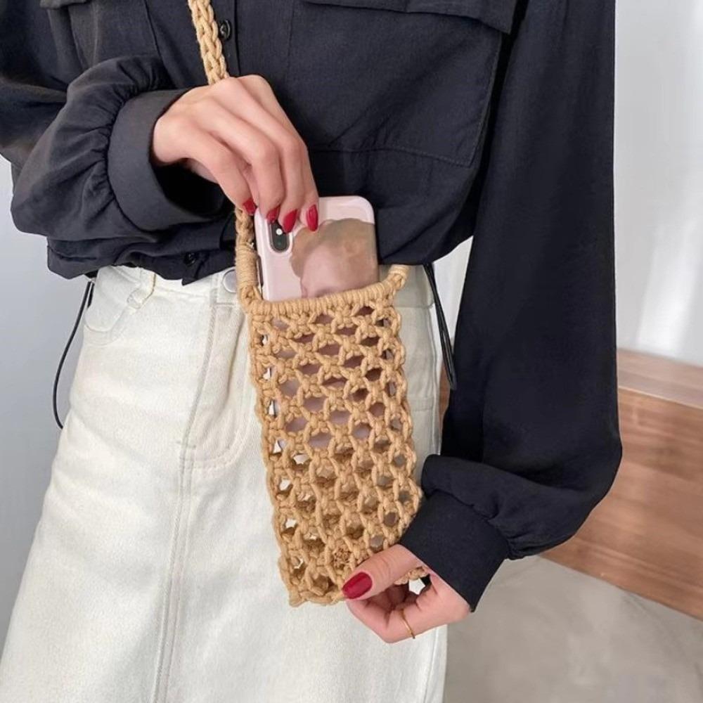 Fashion Portable Crossbody Phone Bag Hollow-out Woven Crochet Lightweight Phone Purse Solid Color Handbag Gifts