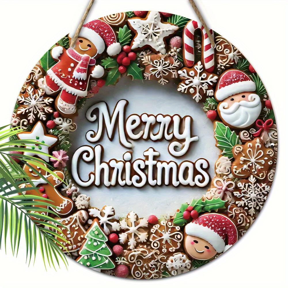 2D Рождественская гирлянда, Санта-Клаус, конфетная рождественская елка 7,87 дюйма, деревянная круглая подвесная настенная или дверная декорация