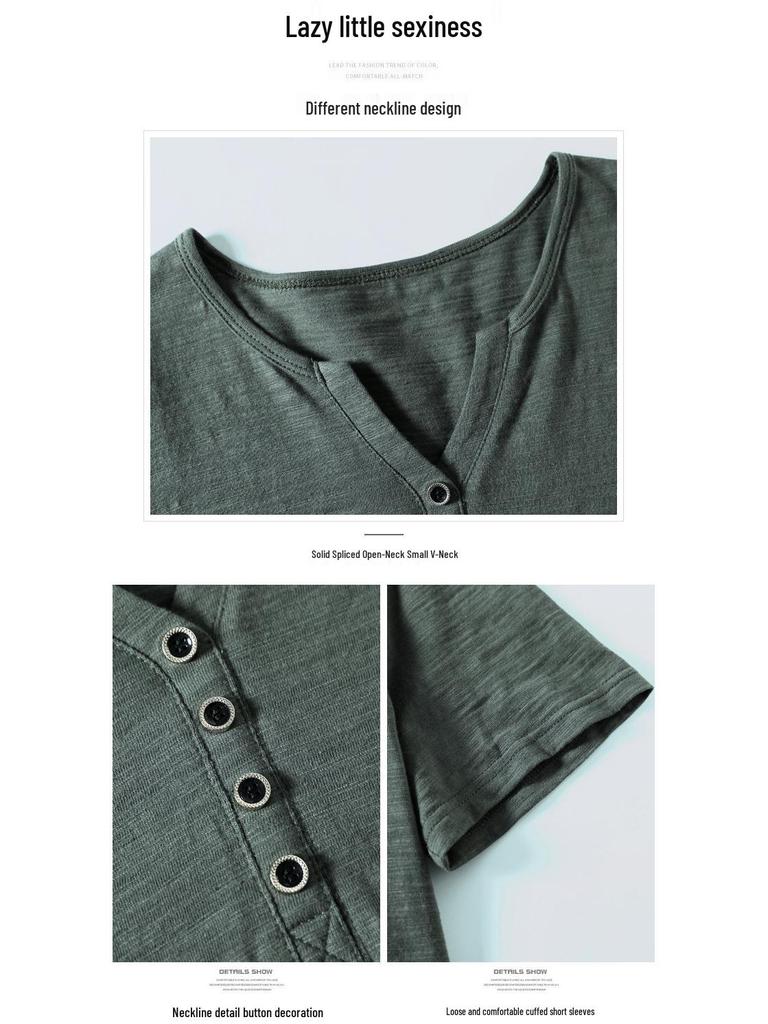 Женская летняя футболка 2024 года больших размеров в стиле ретро с V-образным вырезом и короткими рукавами - однотонная, простая, универсальная и модная.