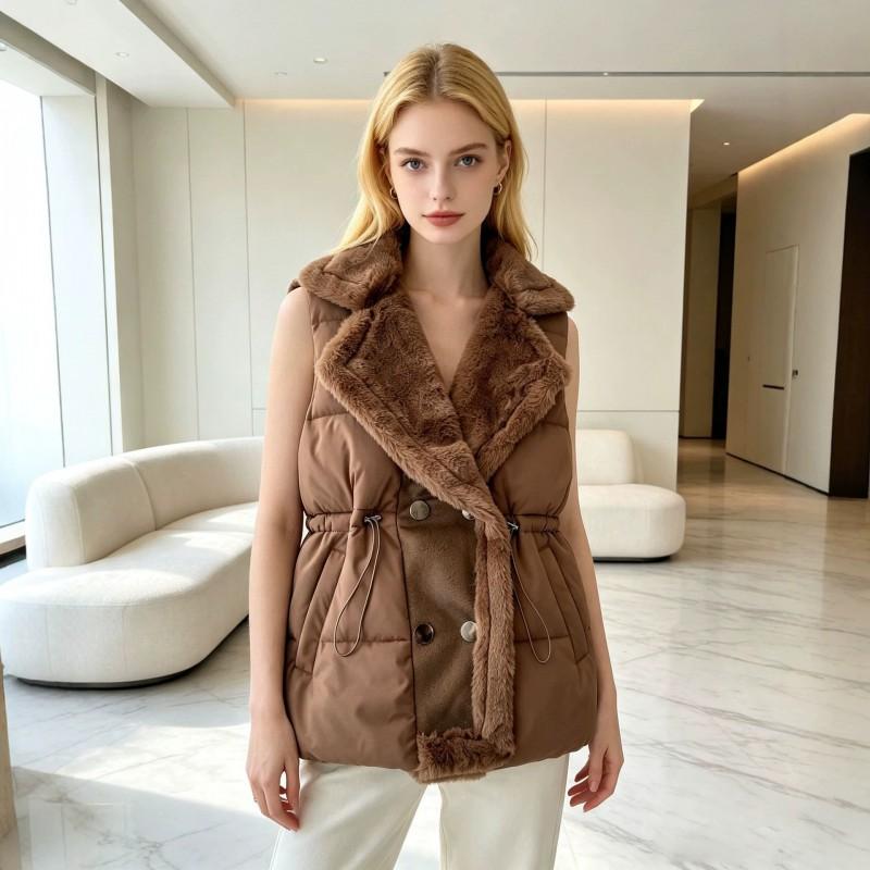 Womens Puffer Vest With Faux Fur Collar Thick Warm Mid-Length Solid Color Sleeveless Coat Winter
