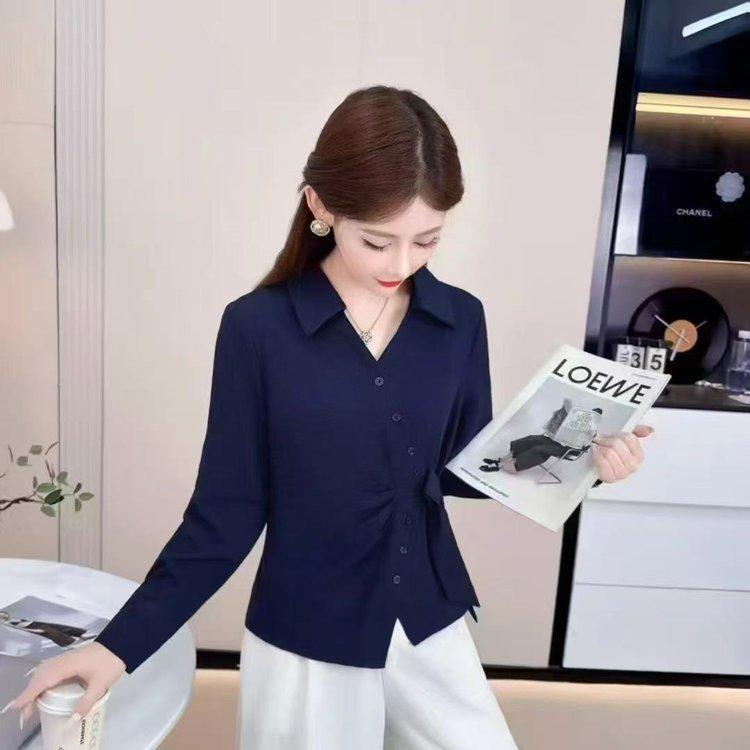 2025 Осень Женская Блузка с Длинным Рукавом, Необычным Поясом и Приталенным Силуэтом