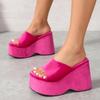 Thick Bottom Slope Heel One-word Slippers Women's High Heel Solid Color Cloth Surface Beach Cool Slippers Slippers