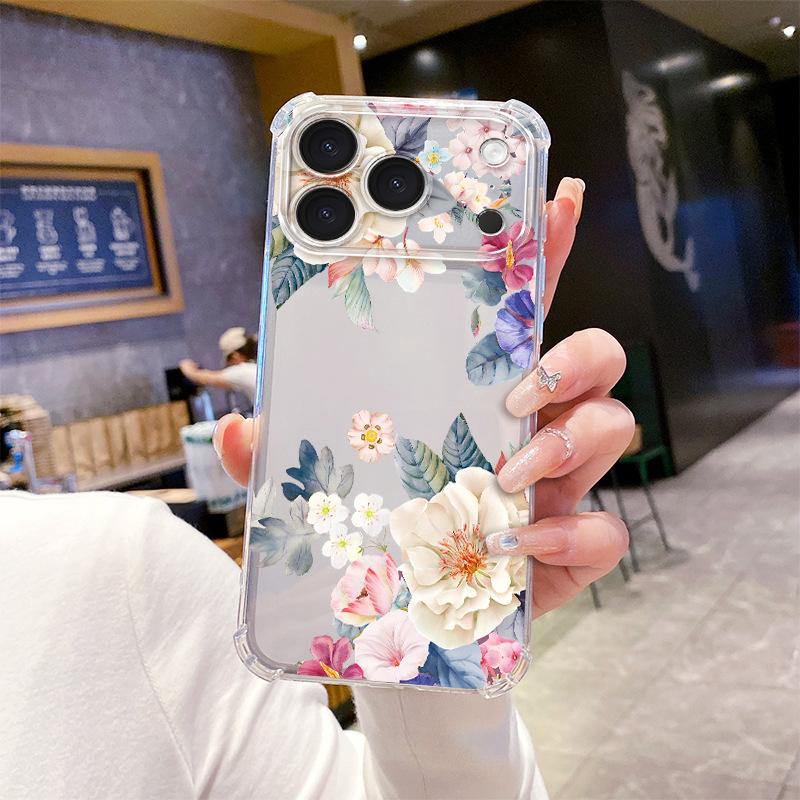 Korean fresh watercolor flower Apple 17 mobile phone case four corners anti-drop transparent case iP12pm e-commerce explosion