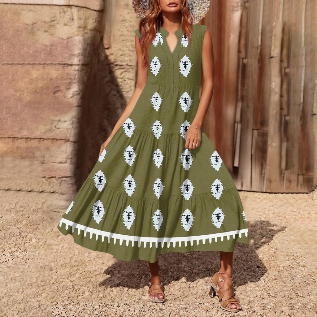 Women's Casual And Fashionable V-neck Sleeveless Printing Mid Length Dress