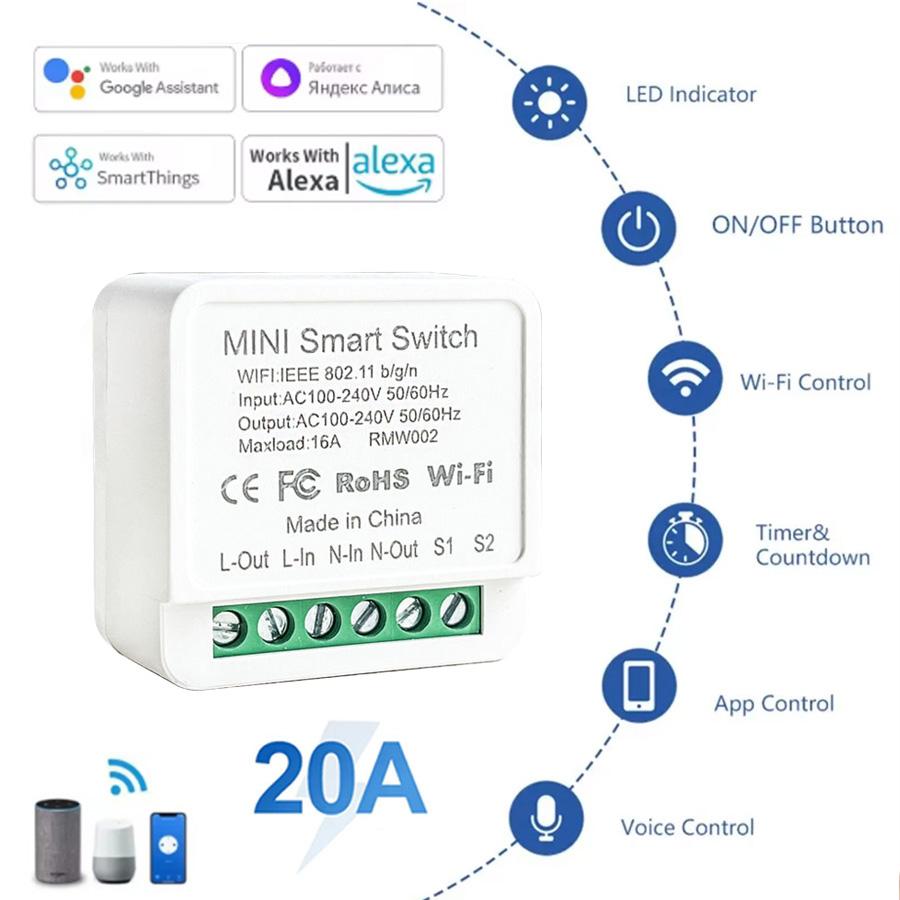 16A 20A WiFi Smart Wireless Switch 2-way Control Mini Smart Breaker APP Control AC100-240V Work With Alexa Google Home Cozylife