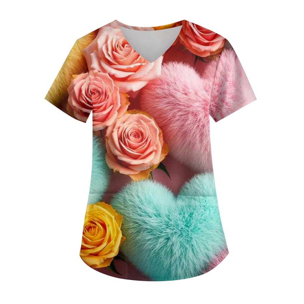 Женская модная футболка с V-образным вырезом, карманом и короткими рукавами с принтом ко Дню святого Валентина, униформа и топ для воспитателя