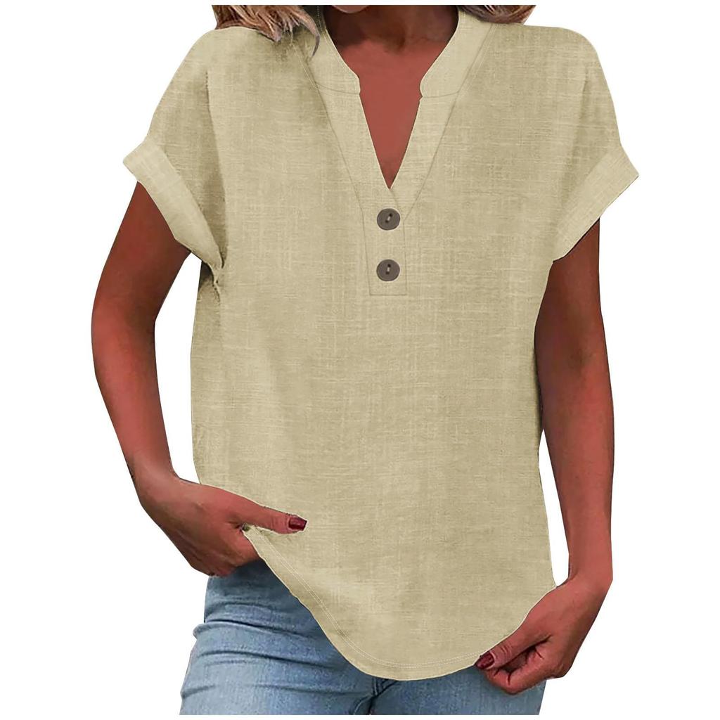 Women's Fashion Casual Solid Colour V-Neck Short Sleeve Button Down Shirt T-Shirt Top