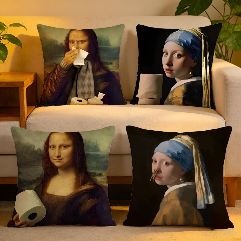 Cushion Cover Linen SkinFriendly Soft Decorative Case For Sofa Home Decor Mona Lisa Wearing Pearls Girl Pillow cover