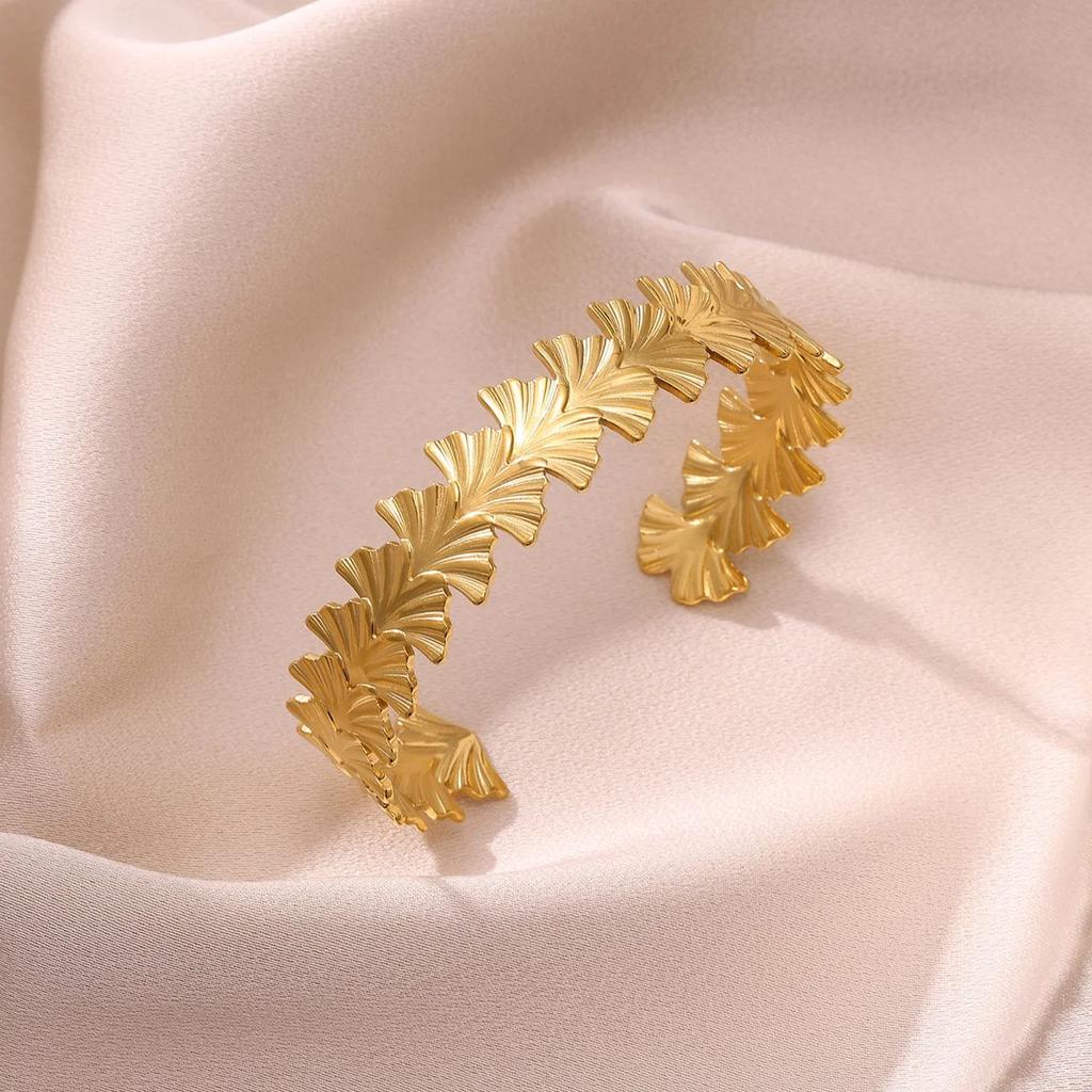 Винтажный Браслет-Манжета с Листьями Гинкго Для Женщин Мужчин Позолоченный 18K Нержавеющая Сталь Браслеты Манжеты Femme Водонепроницаемые Роскошные Украшения