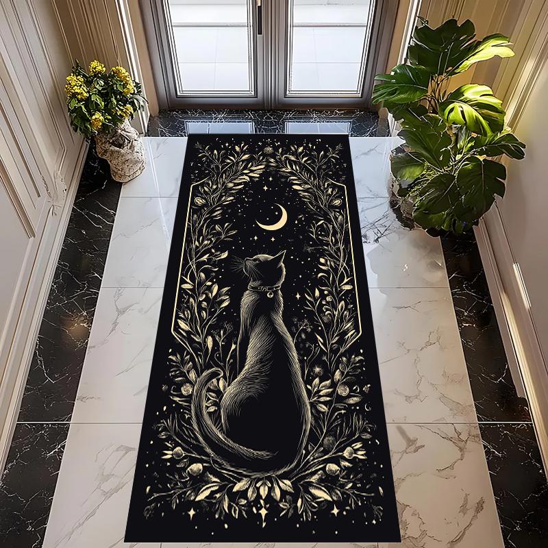 Beige Black Cat Carpet Mat Rug White Floral Vine Pattern Vintage Artistic Non-slip Home DecorationHallway Running Indoor Rug
