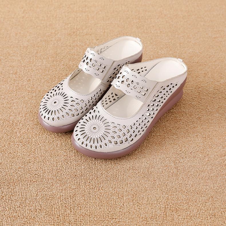 Leather Heel Thick-soled Slippers Hole Hollow Soft Sole Women's Shoes Sandals Middle-aged Mother's Non-slip Wear-resistant Spring and Summer