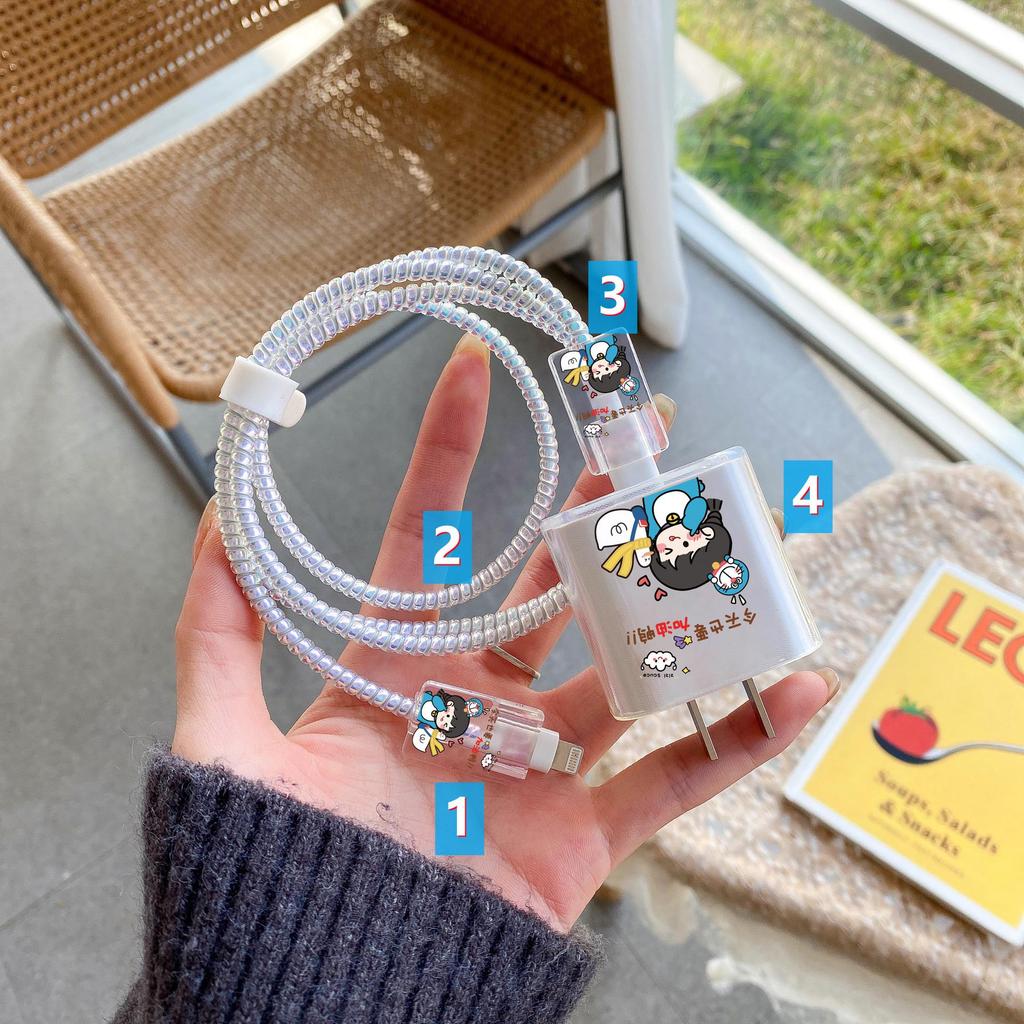 Комплект защиты кабеля данных Apple: Зарядная головка 20 Вт, прозрачный мультяшный дизайн, набор из 4 предметов