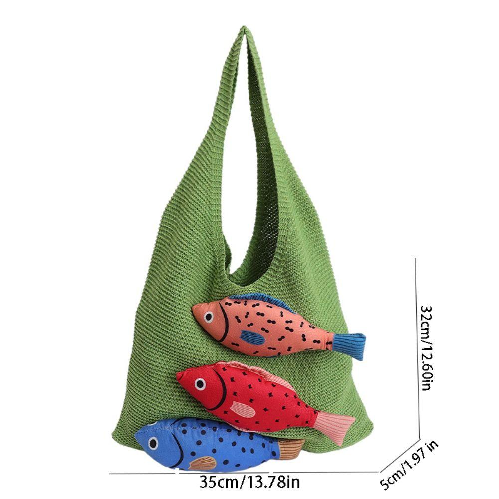 Crochet Weave Knitted Bag Cotton Beach Bag Trendy Fish Shoulder Bag Tote Bag
