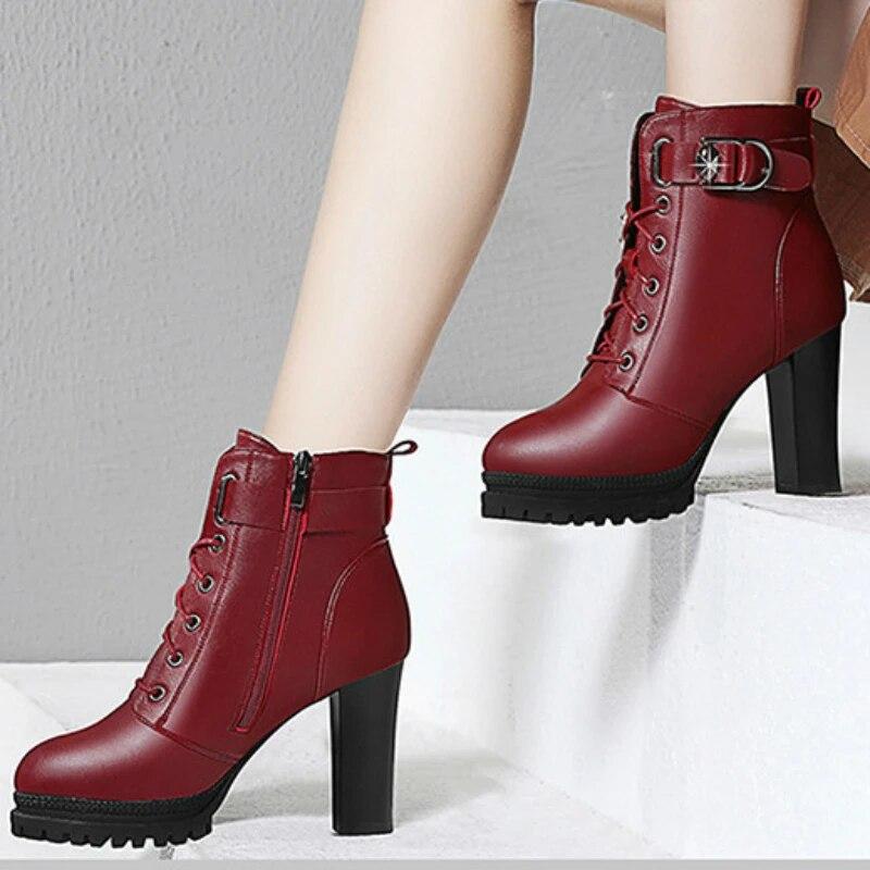 Autumn Winter Red Leather Boots Fashionble High Heels Women's Short Boots Platform Comfortable Warm Plush Women Boots