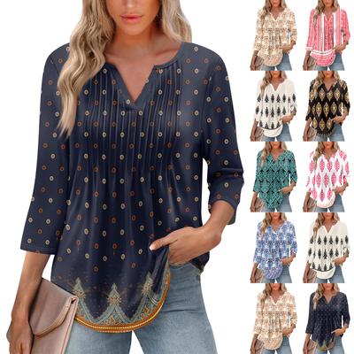 Женская модная повседневная плиссированная футболка с V-образным вырезом и рукавом семь четвертей