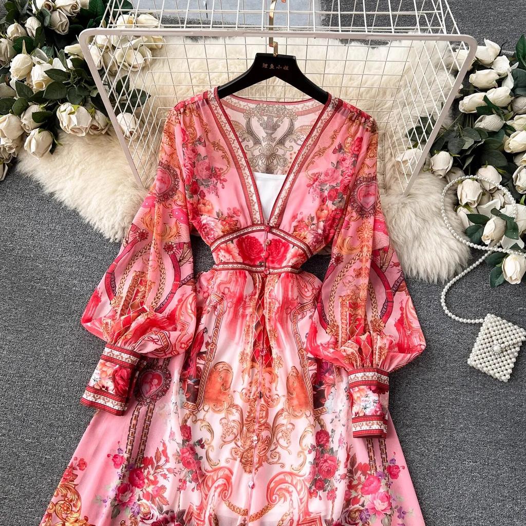 Летняя мода, роскошный дизайнерский винтажный шифон с принтом, праздничное пляжное платье, женское сексуальное платье с v-образным вырезом и рукавами-фонариками, эластичный пояс, длинный халат макси