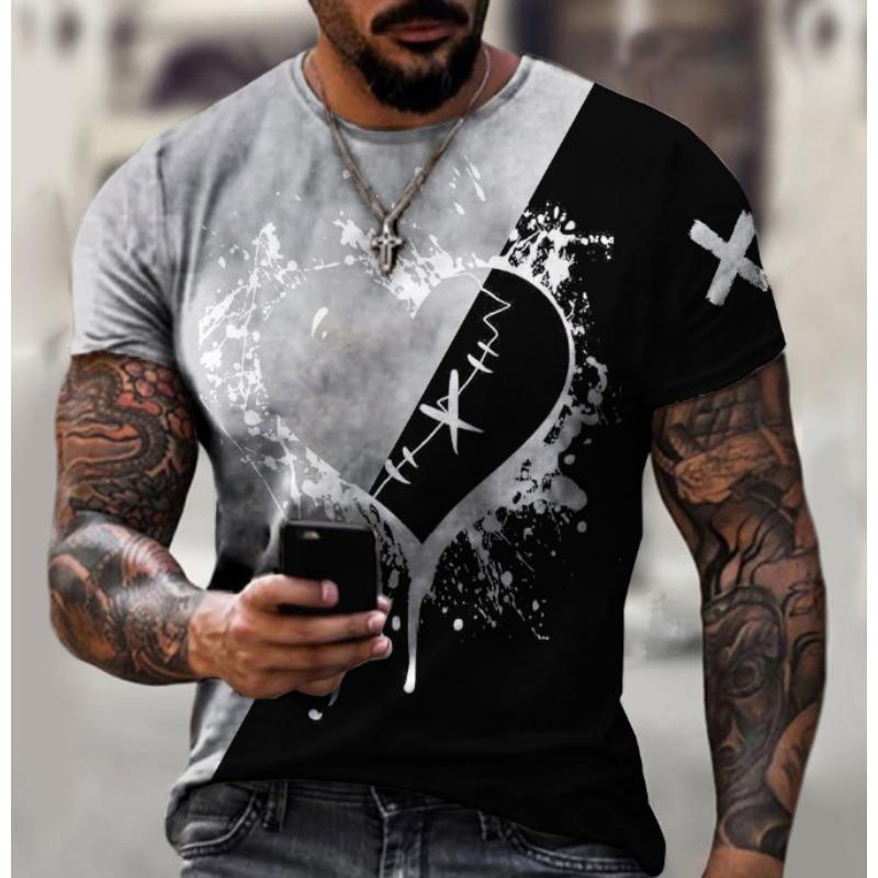 New Loose Casual Men's T-shirt with Heart-shaped Short Sleeved 3D Printed T-shirt