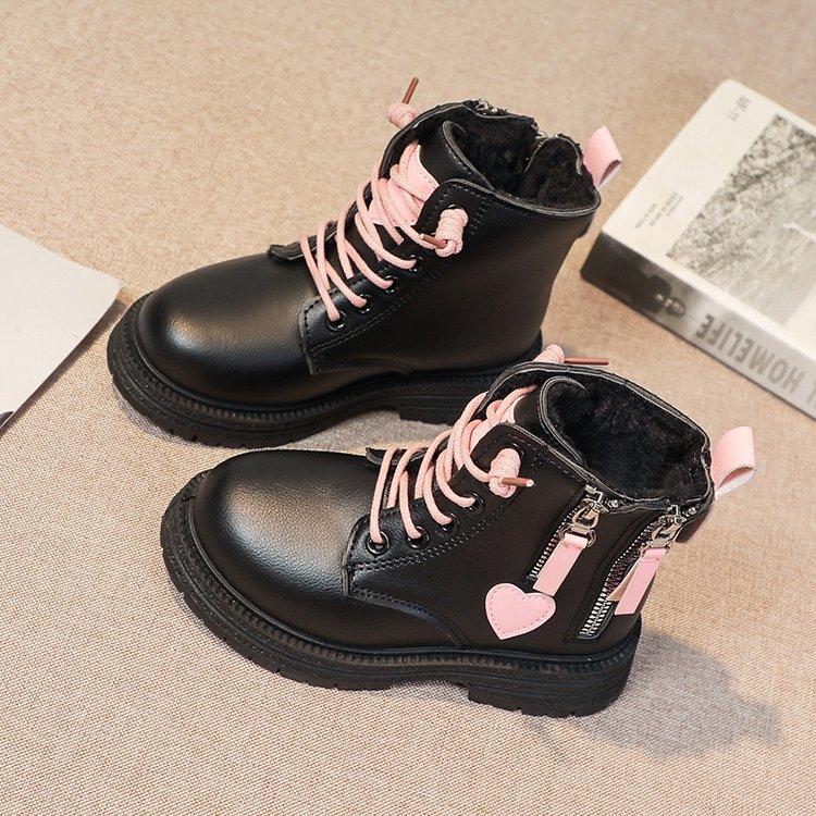 Girls Ankle Boots Double Zip Non-slip Kids Fashion Boots Pink Heart Children Princess Catwalk Boots Anti-Slippery Size 26-37
