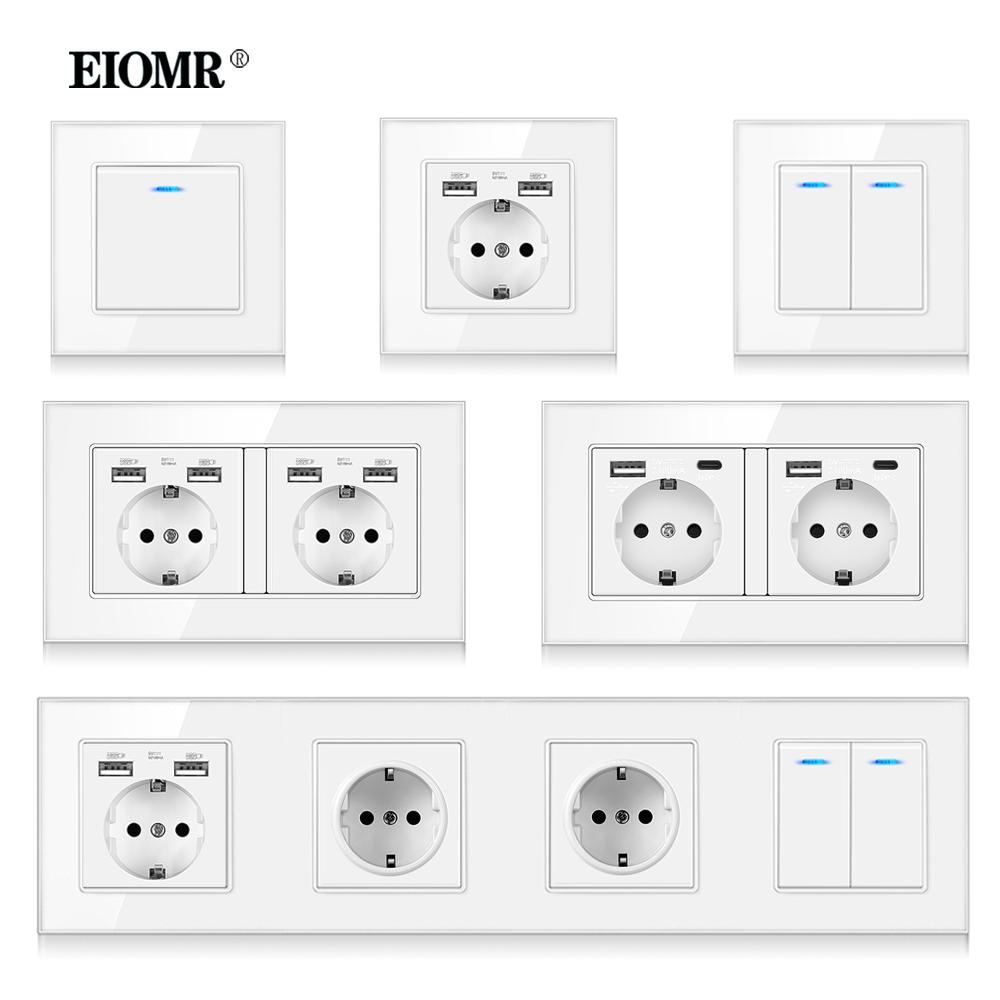 EIOMR Стандарт ЕС 16А Закаленное Хрустальное Стекло Панель Настенная Розетка Электророзетка Электрическая Вилка с USB 5В 2100мА AC110-250В Белый