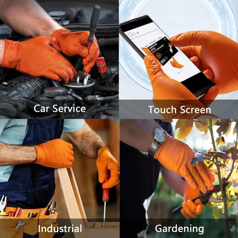 8Mil Heavy Duty Orange Nitrile Gloves Disposable Anti-Slip Gardening Gloves with Diamond Textured Grip Working Cleaning Gloves