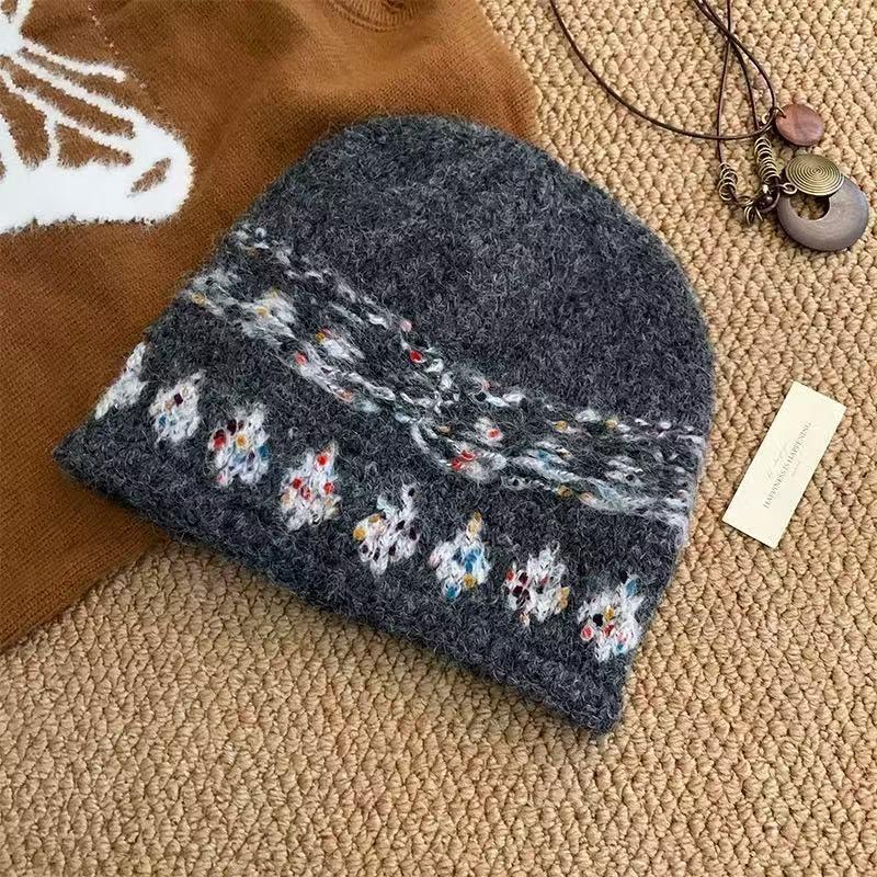 Women S Vintage Fair Isle Knit Beanie Oversized Roll Edge Winter Warm Hat