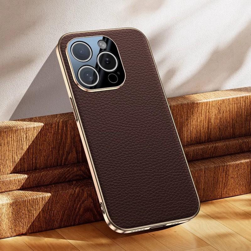 Luxury Genuine Leather Phone Case IPhone 15 Pro Max 14 With Electroplated Gold Edge
