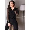 Women Black Lycra Cotton Long Tulle Sleeve Detailed Turndown Collar Style Blouse High Quality Shirt