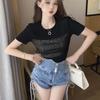 Split Sweet and Spicy Glitter T-shirt for Women's Summer Versatile Splicing Mesh Short Sleeve Top for Outerwear