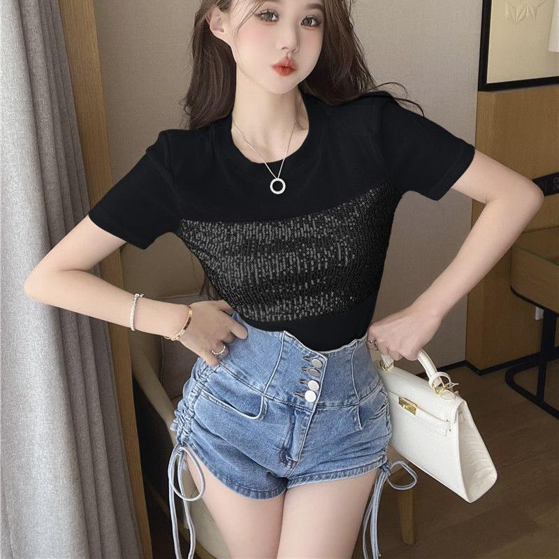 Split Sweet and Spicy Glitter T-shirt for Women's Summer Versatile Splicing Mesh Short Sleeve Top for Outerwear