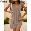 Women's Fashion Summer Spring Solid Color Print Short Sleeve V-Neck Loose Waistline Casual Dresses