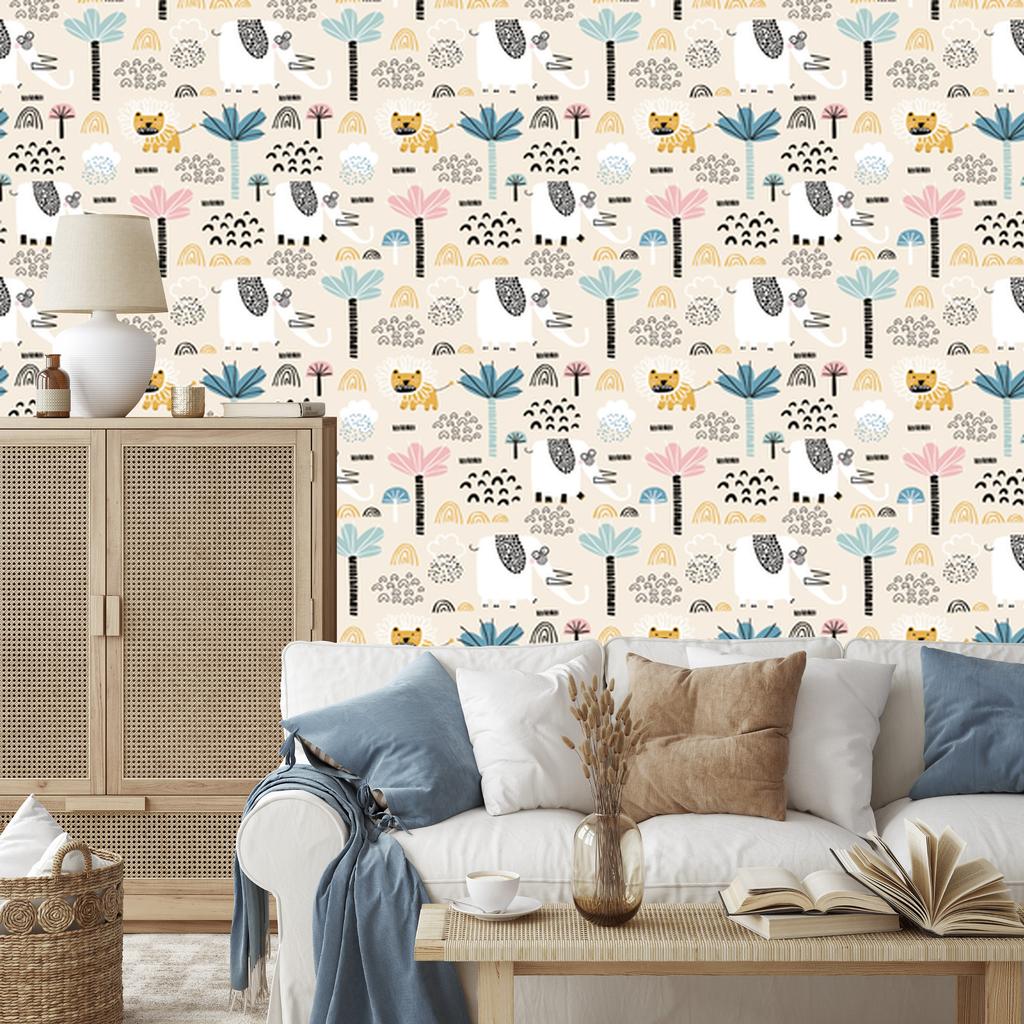Safari wallpaper lions pastel trees for living room and bedroom 50x1000
